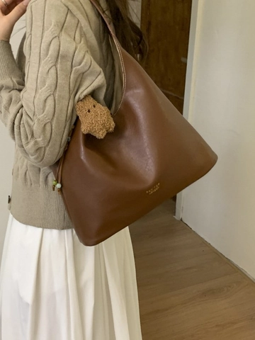 Damen PU-Leder Umhängetasche Große Kapazität Minimalistisch Pendler Tragetasche Mit Plüschbär-Anhänger Retro Hobo Tasche
