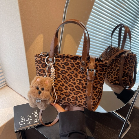 Women Vintage Suede PU Leopard Print Small Square Handbag With Dog Charm Adjustable Strap Crossbody Bag Office Daily Bag