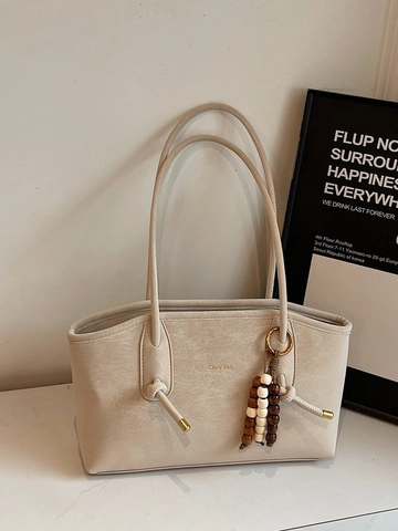 Vintage Matte Damen Tragetasche Aus PU-Leder Große Kapazität Umhängetasche Mit Perlenanhänger Retro Achseltasche Für Den Alltag