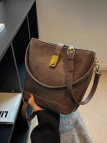 Damen Retro PU Leder Beuteltasche Große Kapazität Umhängetasche Gold Metallschloss Mode Pendeln Handtasche