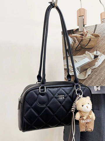 Borsa a Tracolla Trapuntata da Donna Alla Moda Motivo a Rombi Borsa Sottobraccio in Pelle PU Con Ciondolo a Orso Borsa Tote per Pendolarismo Quotidiano