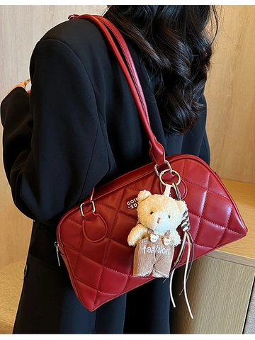 Borsa a Tracolla Trapuntata da Donna Alla Moda Motivo a Rombi Borsa Sottobraccio in Pelle PU Con Ciondolo a Orso Borsa Tote per Pendolarismo Quotidiano