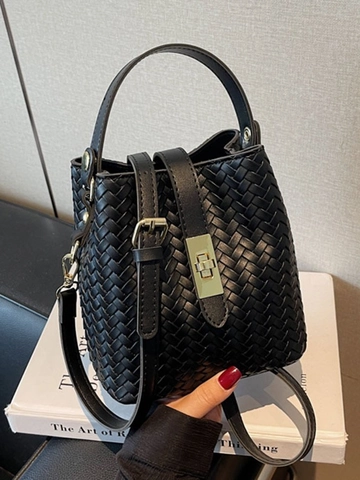 Damen Vintage Gewebt Beuteltasche PU Leder Weben Umhängetasche Kleine Handtasche Mit Gold Metallschloss Verstellbarer Riemen