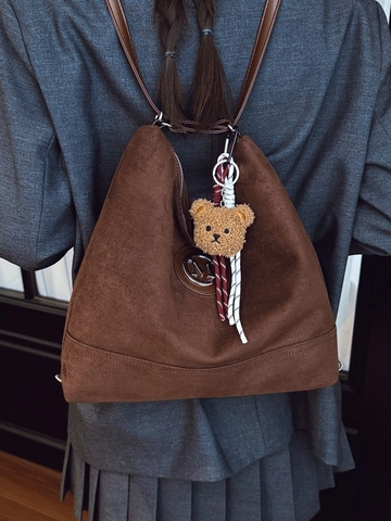 Large Capacity Frosted PU Leather Tote Bag For Women Vintage Convertible Backpack Shoulder Bag With Plush Bear Charm