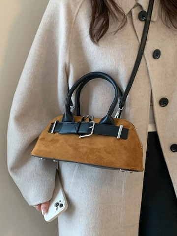 Borsa a Guscio in Pelle PU Smerigliata Retrò per Donna Borsa a Tracolla Con Fibbia della Cintura Manico Superiore Cerniera