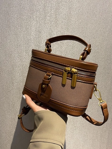 Bolso Cubo Retro Mujer de Lona y Cuero PU con Costuras Moda Color de Contraste Bolso de Mano Pequeño con Asa Superior y Correa Ajustable