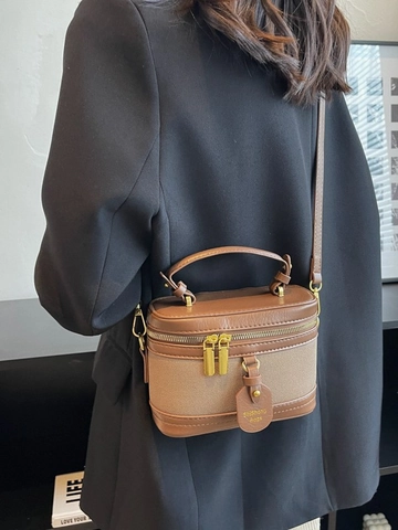 Bolso Cubo Retro Mujer de Lona y Cuero PU con Costuras Moda Color de Contraste Bolso de Mano Pequeño con Asa Superior y Correa Ajustable
