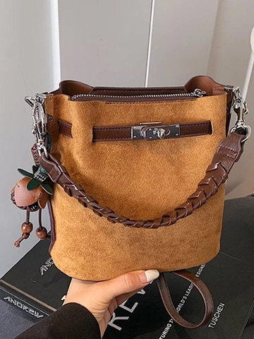 Borsa a Secchiello da Donna in Pelle PU Camoscio Vintage Retrò Manico Intrecciato Borsa a Tracolla Con Chiusura a Girello in Metallo