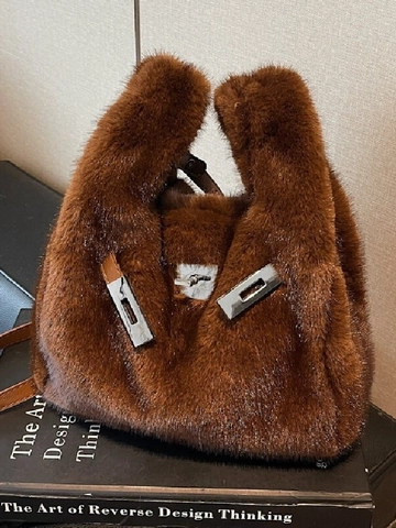 Borsa a Tracolla in Peluche da Donna Borsa a Secchiello Spalla Con Chiusura in Metallo Elegante Inverno Retro Moda Quotidiana Borsa