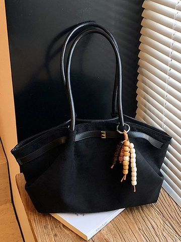Women Large Capacity Suede Textured PU Tote Bag Vintage Shoulder Bag With Beaded Pendant Leopard Print Solid Color Handbag