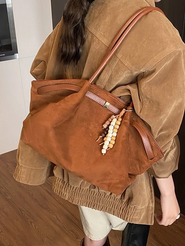 Women Large Capacity Suede Textured PU Tote Bag Vintage Shoulder Bag With Beaded Pendant Leopard Print Solid Color Handbag