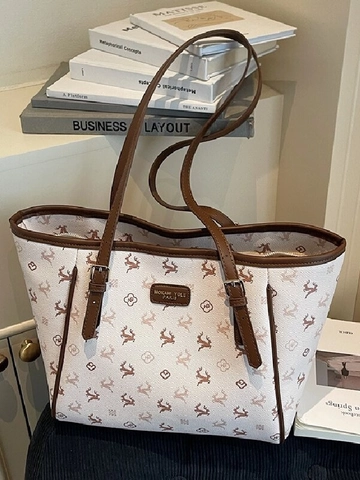 Große Kapazität Tragetasche Mit Monogramm Hirschmuster Für Damen Mode PU Leder Umhängetasche Mit Verstellbarem Riemen Handtasche