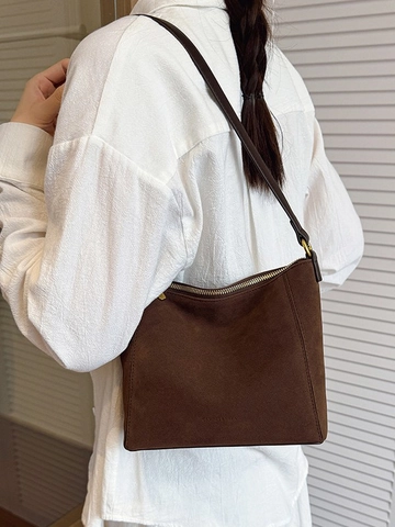 Retro Faux Suede PU Leer Emmer Tas Voor Vrouwen Grote Capaciteit Matte Schoudertas Minimalistisch Casual Handtas