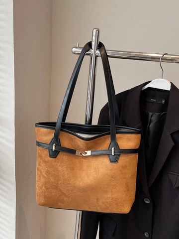 Borsa Tote Vintage Donna Grande Capacità Effetto Scamosciato Borsa a Spalla Finiture in Pelle PU Borsa da Lavoro Fibbia in Metallo