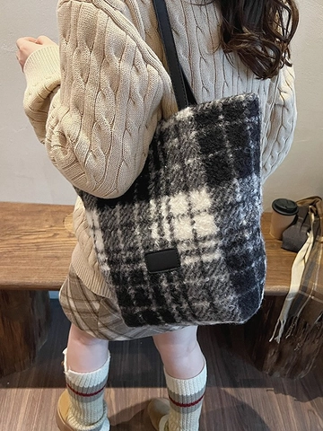 Vintage Leopard Print Plush Bucket Bag For Women Fashion Contrast Grid Faux Fur Shoulder Bag Large Capacity Handbag