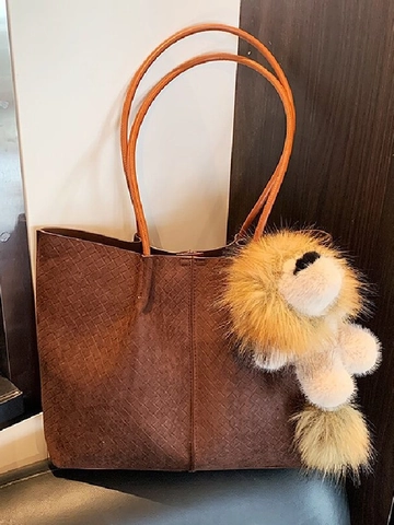 Large Capacity Women PU Leather Shoulder Tote Bag With Woven Texture Retro Commuter Handbag With Optional Lion Charm