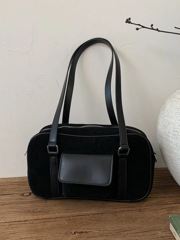 Minimalist PU Underarm Shoulder Bag For Women Retro Matte Bowling Tote Bag With Front Flap Pocket Zipper Closure Commuting Bag