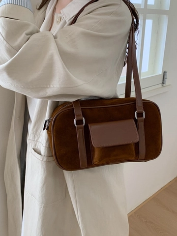 Minimalist PU Underarm Shoulder Bag For Women Retro Matte Bowling Tote Bag With Front Flap Pocket Zipper Closure Commuting Bag