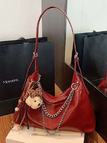 Women Vintage Glossy PU Leather Underarm Bag Fashion Silver Metal Chain Shoulder Bag Large Capacity Solid Color Hobo Purse