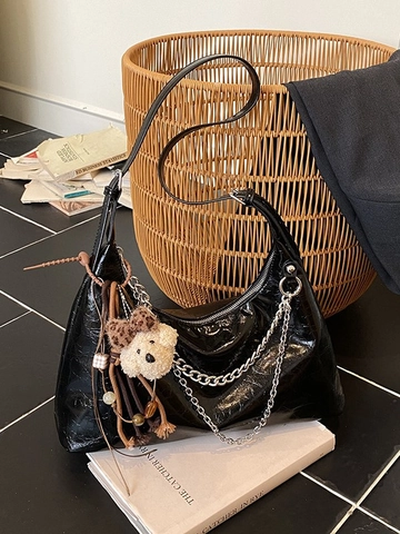 Women Vintage Glossy PU Leather Underarm Bag Fashion Silver Metal Chain Shoulder Bag Large Capacity Solid Color Hobo Purse
