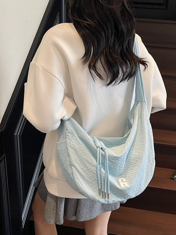 Borsa a Tracolla Donna Grande Capacità Trama a Nido d'Ape Hobo Dumpling Borsa Casual in Tessuto con Coulisse e Nappine