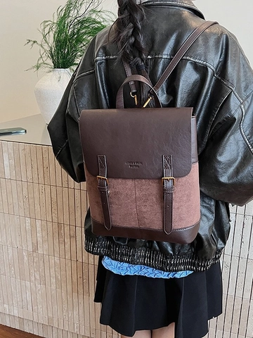 Vintage Color-Block PU-Leder Wildleder Rucksack Damen Große Kapazität Mode Freizeit Schule Reise Daypack Vielseitige Tasche