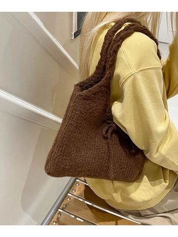 Women Sweet Knitted Shoulder Bag With Bow Decoration Soft Autumn Winter Tote Handbag Solid Color Commuting Bag