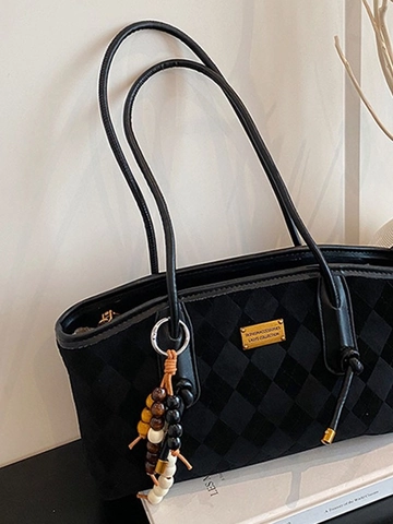 Bolso Tote de Cuero PU Acolchado Vintage Argyle para Mujer Bolso de Hombro Efecto Ante con Colgante de Borla de Madera