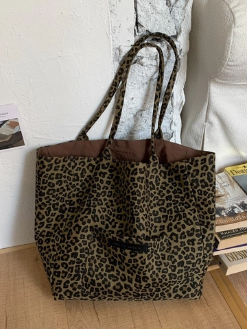 Sac Fourre-tout en Toile Imprimé Léopard Grande Capacité Style Coréen Sac à Épaule Rétro Sac à Main Décontracté pour Femmes