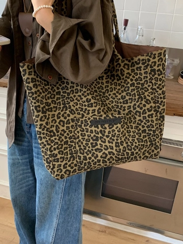 Sac Fourre-tout en Toile Imprimé Léopard Grande Capacité Style Coréen Sac à Épaule Rétro Sac à Main Décontracté pour Femmes