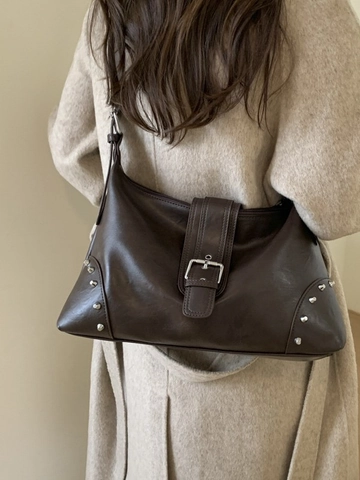 Women Retro Hobo Bag Large Capacity PU Leather Rivet Buckle Decor Crossbody Shoulder Bag Sophisticated Casual Tote Handbag