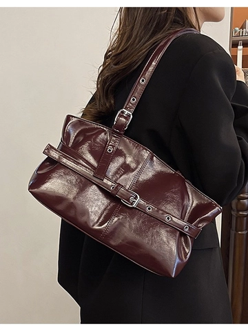 Borsa Tote a Spalla in Pelle PU Vintage per Donna Moda Pendolare Grande Capacità Borsa Sottobraccio Con Tracolla Regolabile Occhielli Metallici