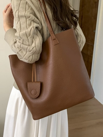Dames Litchi Patroon PU Leer Schouder Tote Tas Retro Minimalistisch Grote Capaciteit Woon-Werkverkeer Handtas En Kleine Pouch