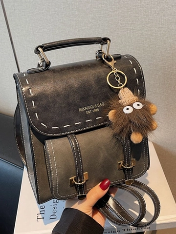 Vintage PU Leather Backpack For Women Fashion Contrast Stitching School Bag With Plush Charm Travel Shoulder Bag