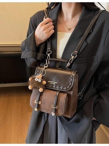 Vintage PU Leather Backpack For Women Fashion Contrast Stitching School Bag With Plush Charm Travel Shoulder Bag