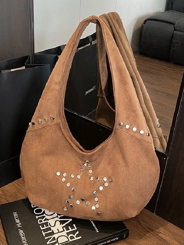 Borsa Hobo in Finta Pelle Scamosciata con Stelle e Rivetti Vintage per Donna Borsa a Spalla Tote di Grande Capacità Retrò Bohemien