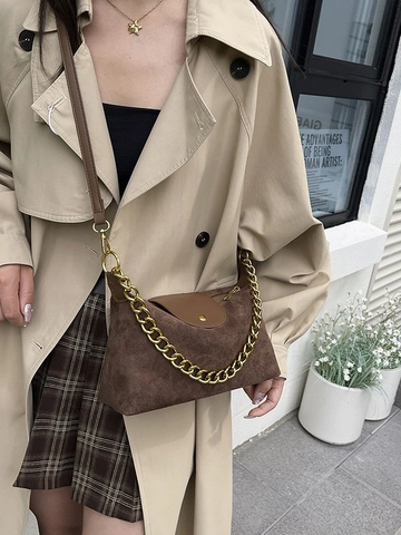 Sac à Épaule Vintage en PU Suédé Mat Pour Femme Chaîne Dorée Sac Bandoulière Style Maillard Élégant Sac à Main de Mode