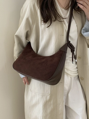 Vintage Suède Hobo Tas Voor Vrouwen Minimalistisch Stiksel Knoop Schoudertas Retro Sikkel Tas Mode Woon Werkverkeer Handtas