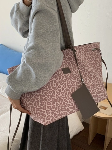 Sac Fourre-tout de Grande Capacité Imprimé Léopard Rose Pour Femmes Sac à Épaule en Toile Décontracté Avec Pochette Assortie