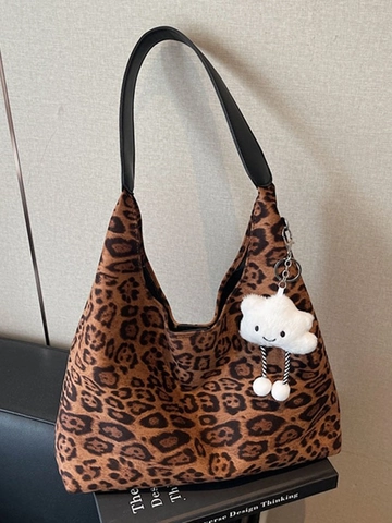 Large Capacity Leopard Print Suede Shoulder Bag For Women Retro Hobo Tote Bag With Cloud Pendant Fashion Crossbody Bag