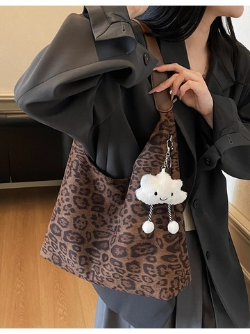 Large Capacity Leopard Print Suede Shoulder Bag For Women Retro Hobo Tote Bag With Cloud Pendant Fashion Crossbody Bag