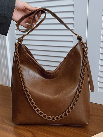 Large Capacity PU Leather Bucket Bag For Women Fashion Simple Chain Decor Shoulder Crossbody Bag Vintage Hobo Tote Handbag