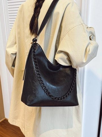 Large Capacity PU Leather Bucket Bag For Women Fashion Simple Chain Decor Shoulder Crossbody Bag Vintage Hobo Tote Handbag