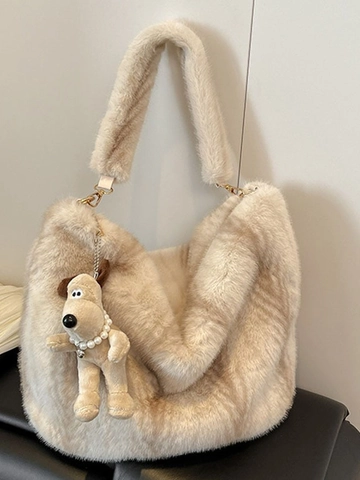 Women Cute Plush Tote Bag Large Capacity Faux Fur Shoulder Bag With Dog Pendant Soft Autumn Winter Fashion Casual Handbag