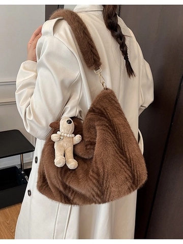 Women Cute Plush Tote Bag Large Capacity Faux Fur Shoulder Bag With Dog Pendant Soft Autumn Winter Fashion Casual Handbag