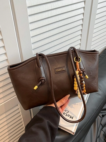 Borsa Tote Vintage in Pelle PU Grande Capacità Donna Borsa a Tracolla Con Ciondolo in Grani di Legno Pendolarismo Borsa Retro