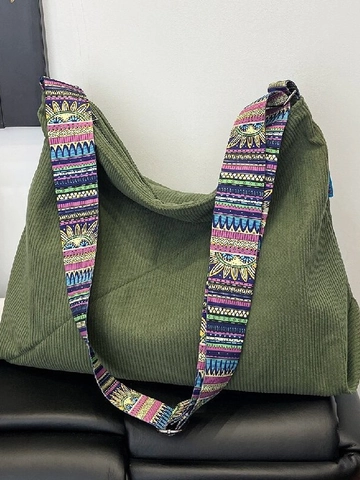 Damen Große Cord-Einkaufstasche Mit Buntem Ethno-Druck-Riemen Herbst Winter Lässige Umhängetasche Pendler Hobo-Umhängetasche