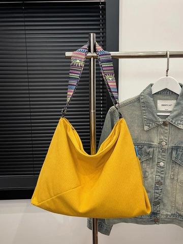 Damen Große Cord-Einkaufstasche Mit Buntem Ethno-Druck-Riemen Herbst Winter Lässige Umhängetasche Pendler Hobo-Umhängetasche