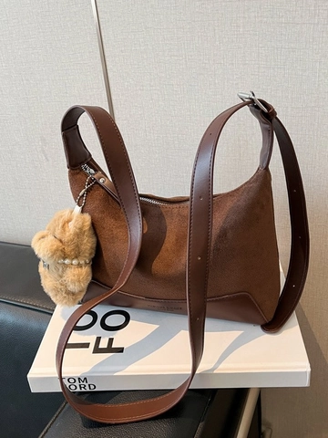 Vintage Leopard Print Suede Hobo Bag For Women Fashion Versatile Patchwork Shoulder Underarm Crossbody Bag With Plush Pendant