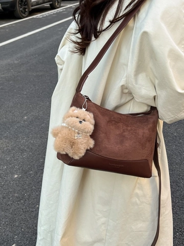 Vintage Leopard Print Suede Hobo Bag For Women Fashion Versatile Patchwork Shoulder Underarm Crossbody Bag With Plush Pendant